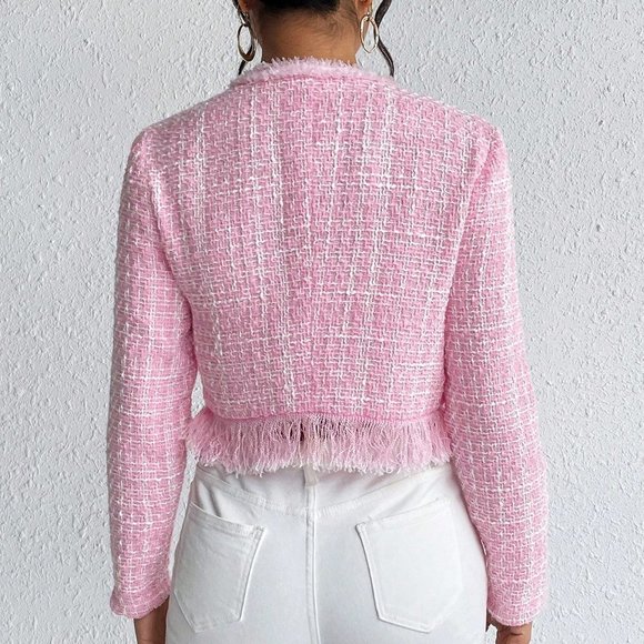 Pink Casual Womens Raw Trim Double Breasted Tweed Overcoat - Picture 5 of 5